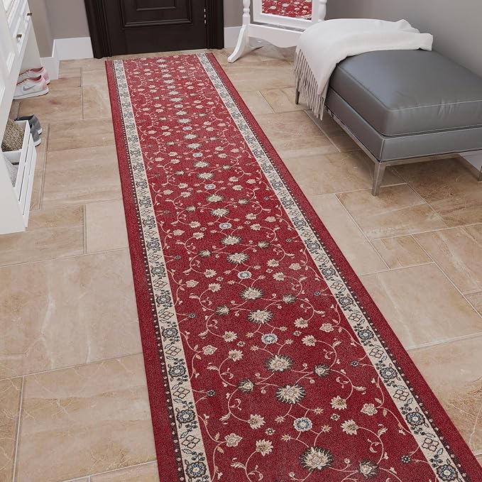 Ottomanson Aisle Runner Rug 1'10.5" x 40' – Soft Non-Slip Rug, Low Pile Carpet for Hallways, Events, Churches & Extra-Long Indoor Spaces, Mahal Red
