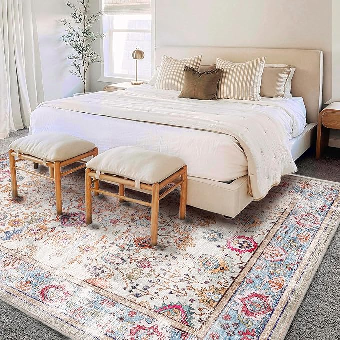 CHAMPLANT 5'x7' Washable Vintage Area Rug Traditional Floor Cover Foldable Kitchen Accent Thin Rug Indoor Distressed Non Slip Carpet Floral Print Mat Bedroom Living Room Bathroom