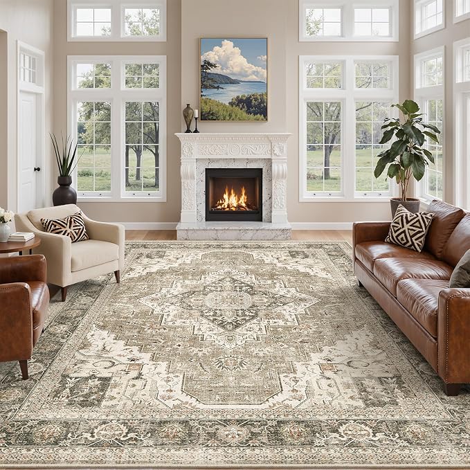 Roxstand 8x10 Washable Area Rugs for Living Room, Brown/Beige | Non-slip Backing, Low-Pile Carpet, Stain Resistant,Rugs for Living Room,Bedroom, Dining Room, Office