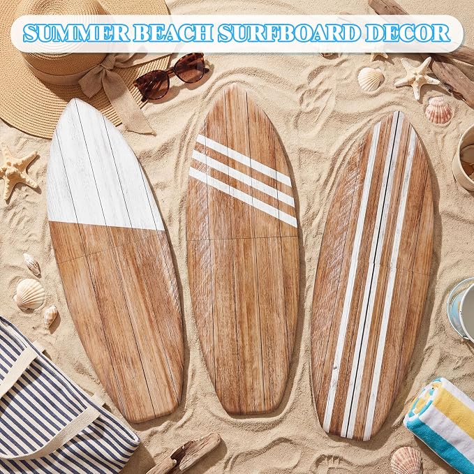 Yookeer 3 Pcs Surfboard Wall Decor,36" x 12" Large Wooden Coastal Beach Wall Decor Set, Aesthetic Cute Beachy Tropical Surf Board Art for Room Bedroom Decoration(Wood,Classic)