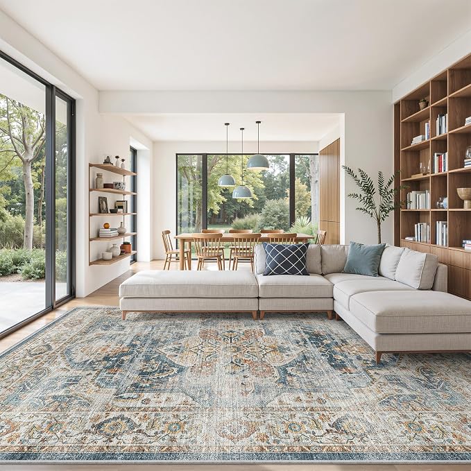 befbee 9x12 Area Rug,Ultra-Thin Washable Rugs for Living Room,Non-Slip Lightweight Foldable Area Rug,Stain Resistant Vintage Large Rugs (Navy,9'x12')