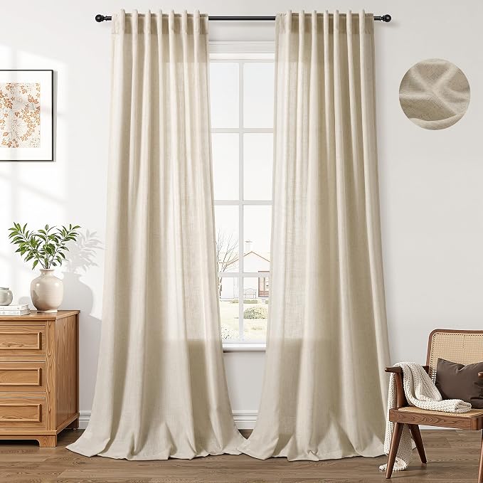 Aersas Eggshell Beige Linen Curtains 108 Inches Length for Living Room Flax Texture Wave Fabric Semi Sheer with Rod Pocket Back Tab for Bedroom Balcony Light Filtering Neutral Home Decor 52x108