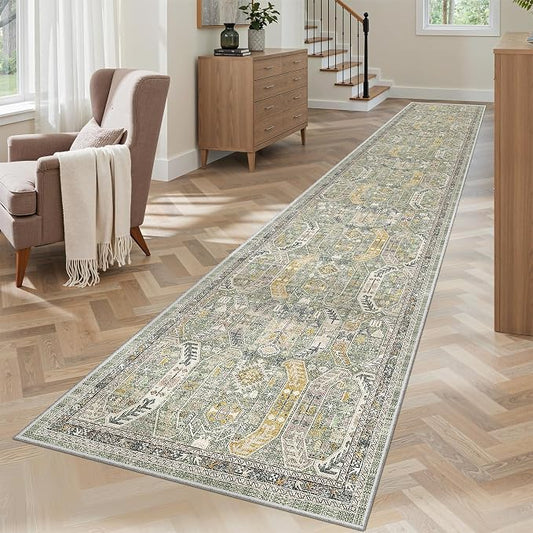 Madane Washable Runner Rugs 2x12 Long for Hallway Kitchen Soft, Green/Gold | Non-Slip Vintage Printed 12ft Rug Runners with Rubber Backing, Low-Pile Floor Carpet Laundry Room Entryway, Corridor
