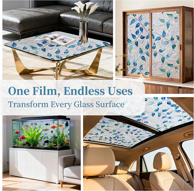 Finnez Window Privacy Film 3D Static Cling Window Film with Rainbow Effect, No Glue Heat Control & 99% UV Blocking for Home Office, Decorative Glass Cover 23.6" x 13.1'