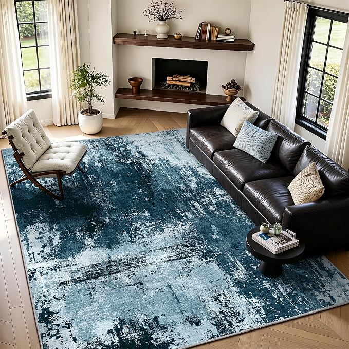 5x7 Rugs for Living Room - Modern Abstract Washable Rug, Ultra Soft Non Slip Low Pile Large Rugs, Floor Carpet for Bedroom Dining Room Office Laundry Nursery Home（Ocean Blue）