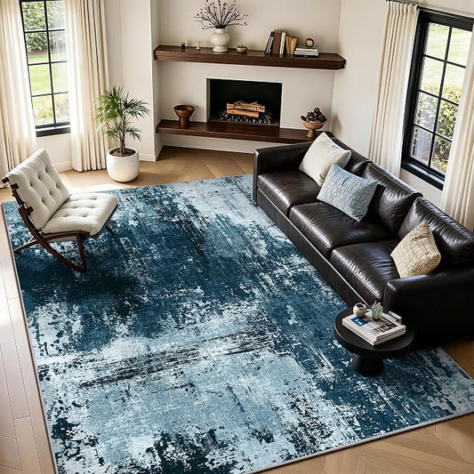 5x7 Rugs for Living Room - Modern Abstract Washable Rug, Ultra Soft Non Slip Low Pile Large Rugs, Floor Carpet for Bedroom Dining Room Office Laundry Nursery Home（Ocean Blue）