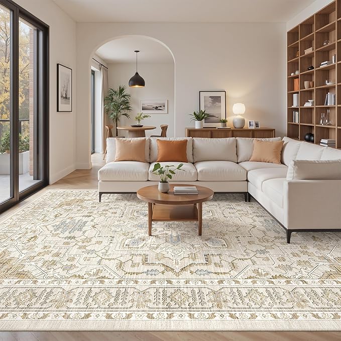 befbee 8x10 Area Rug for Living Rooms, Stain Resistant Neutral Washable Rugs for Dining Rooms, Floral Vintage Non-Slip Thin Large Size Area Rugs(Beige)