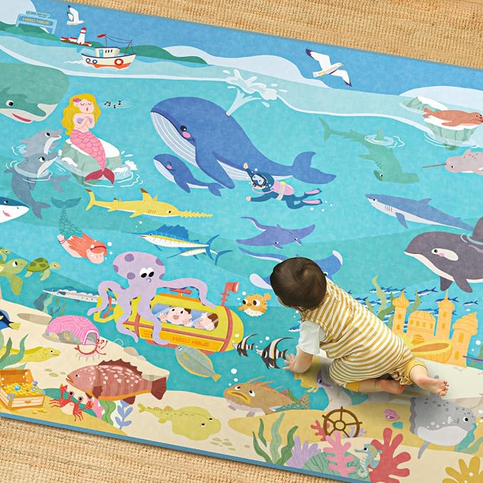 4x6 Ocean Rug for Kids Playroom – Sea Life Learning Carpet with Mermaid, Submarine & Whales, Soft Washable Stain Resistant Playful Area Rug for Kids, Educational Underwater Theme Carpet