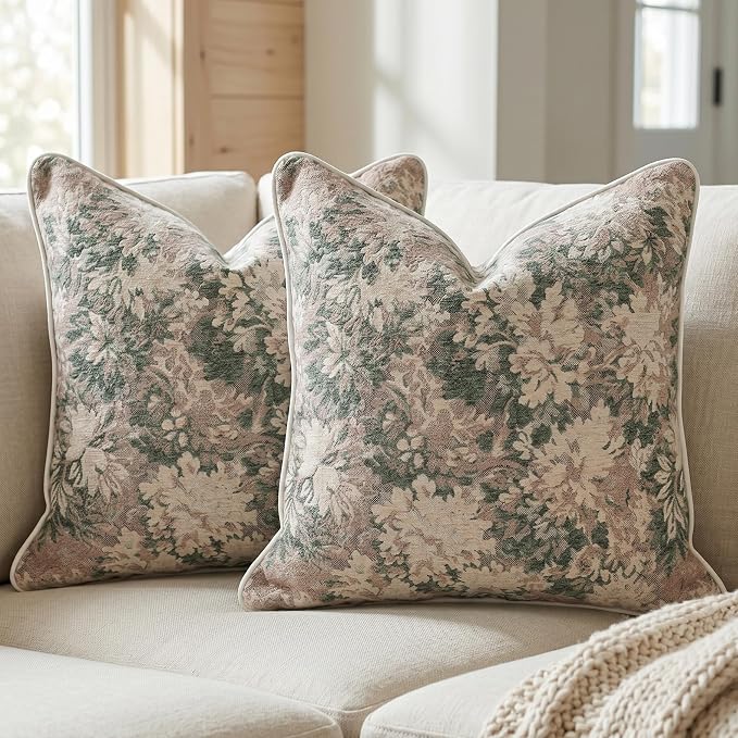 Vintage Floral Throw Pillow Covers 20x20 Inches Set of 2 Boho Farmhouse Pillow Cases Premium Chenille Textured Decorative Cushion Covers for Couch Retro Garden Farmhouse Style Grass Green