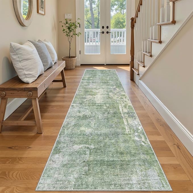 Soalmost Washable Runner Rug, 2'6" x 8' Non-Slip Kitchen Vintage Foldable 2.5x8ft Hallway Runners for Entryway, Laundry, Bedroom, Green/Ivory