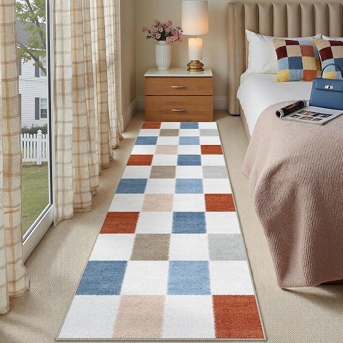 PureCozy Machine Washable 2x6 Runner Rug for Hallways Colorful Modern Soft Checkered Long Carpet Non-Slip Low Pile Indoor Accent Throw Rugs for Entrance Kitchen Bedroom Dining Laundry