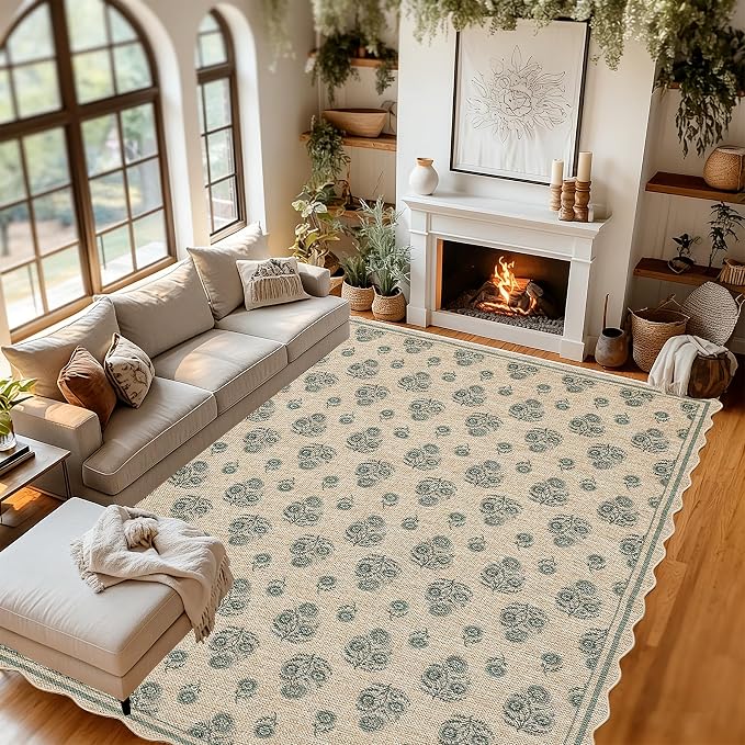 ORTIGIA Scalloped Easy Jute 5x7 Area Rug Vintage Green Floral Accent Farmhouse Washable Rug Non-Slip Indoor Outdoor Carpet for Living Room Bedroom Patio Entryway