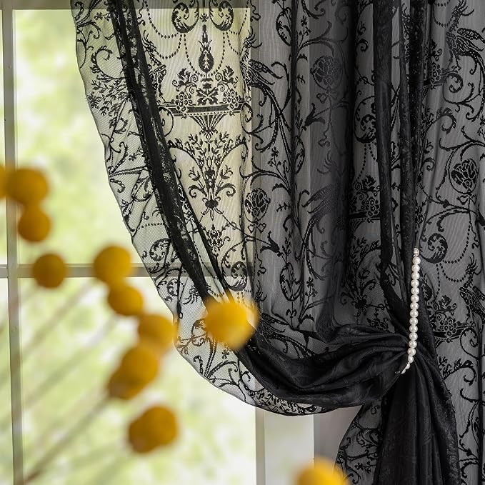TUDECO Black Curtains 96 Inches Long - Luxury Floral Ruffled Lace Black Floral Curtains Embroidered Light Filtering Goth Victorian Decor Rod Pocket Window Treatment 2 Panles, 59 x 96 Inch