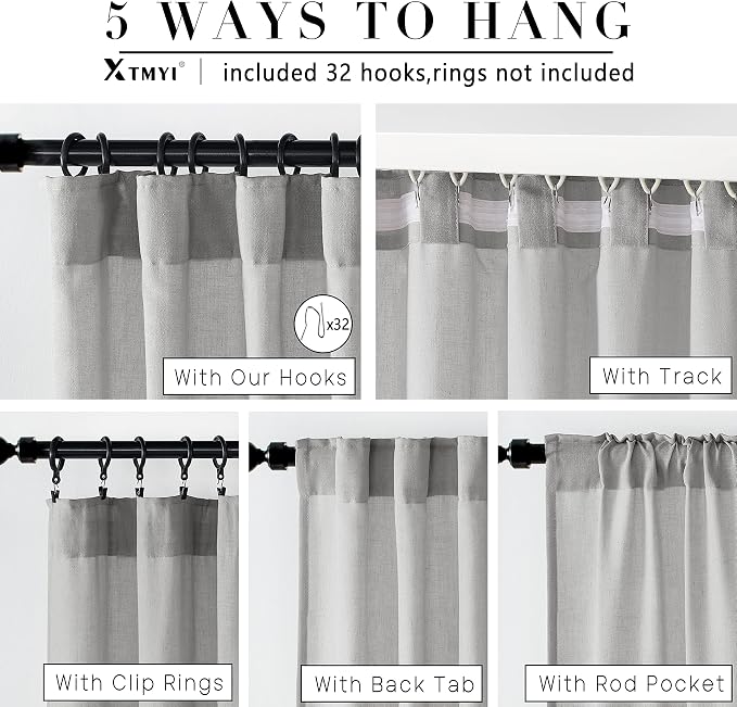XTMYI Light Grey Curtains for Living Room Bedroom,Linen Boho Back Tab Pleated Sheer Curtain Set of 2 Panels,90 Inches Long