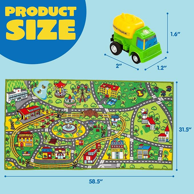 JOYIN Carpet Playmat w/ 12 Cars Pull-Back Vehicle Set for Kids Age 3+, Jumbo Play Room Rug, City Pretending Play