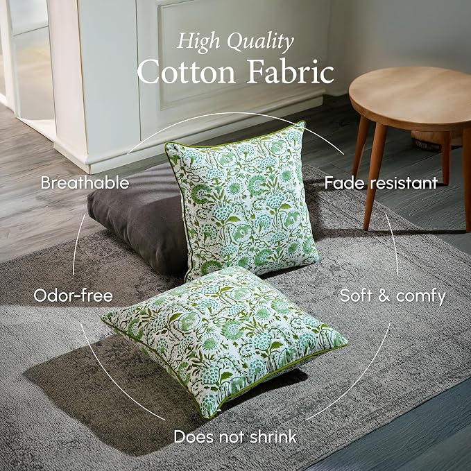 CPC 100% Cotton Throw Pillow Covers 24x24 Inch, Set of 2 Green Block Print Pattern Couch Pillow, Cute Boho Decorative Pillows for Living Room, Bedroom with Hidden Zipper- Agate Green