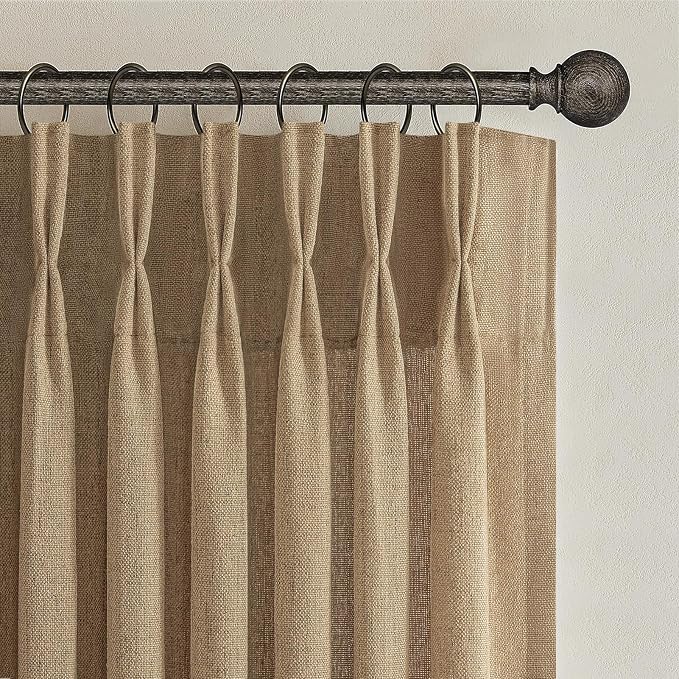 Rust Brown Pleated Flax Linen 102 Inch Extra Long Curtains for Sliding Glass Doors, Memory Shape Pinch Pleat Light Filtering Semi Sheer Country Window Drapes Bedroom Privacy Viral Curtain 2 Panels Set