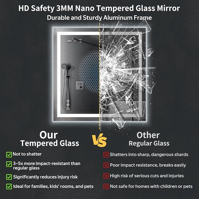 47"x47" LED Bathroom Mirror with Lights, Backlit + Front Lit with CRI>90, Lighted Mirror for Bathroom, Anti-Fog, Dimmable Brightness, 3 Colors, Memory Function, Shatterproof Tempered Glass