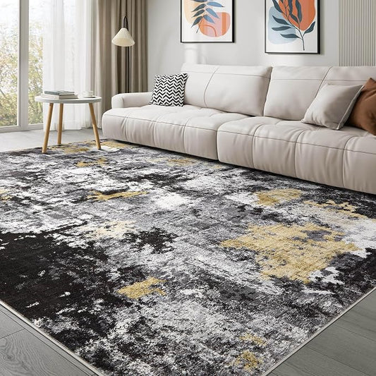 Abstract 10x14 Area Rug: Machine Washable Non Slip Ultra Thin Low-Pile Carpet, Soft Stain Resistant for Living Dining Room Bedroom, Kid Pet Friendly, Robot Vacuum Compatible - Black Gold