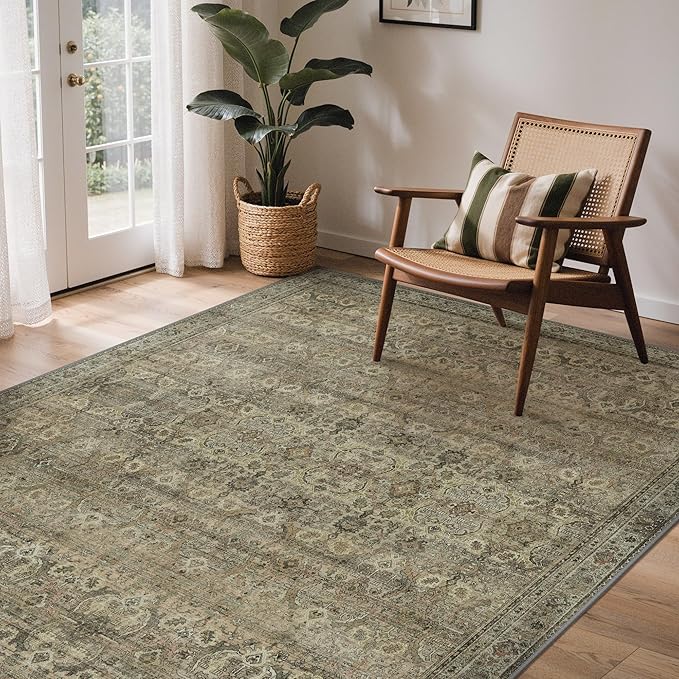 GENIMO 3x5 Area Rugs for Living Room, Machine Washable Non Slip Vintage Rugs, Low Pile Lightweight Chenille Print Rug for Bedroom, Dining Room, Home Office, Green Khaki