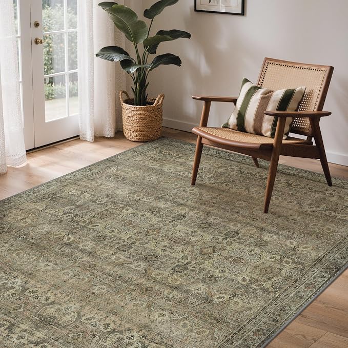 GENIMO 3x5 Area Rugs for Living Room, Machine Washable Non Slip Vintage Rugs, Low Pile Lightweight Chenille Print Rug for Bedroom, Dining Room, Home Office, Green Khaki