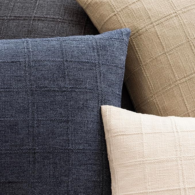 Foindtower Set of 2 Decorative Linen Check Throw Pillow Covers Neutral Farmhouse Vintage Cushion Covers Modern Boho Home Decor for Sofa Chair Couch Bedroom Living Room,26×26 Inch,Navy Blue