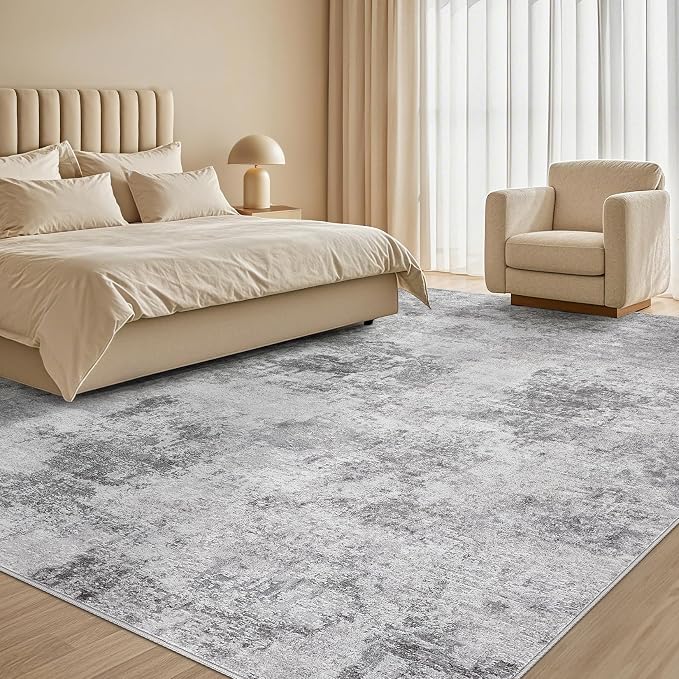 Tortania Washable 12x18 Area Rug for Living Room: Modern Abstract Neutral Large Soft Thin Rugs - Non Slip Indoor Carpet for Bedroom Dining Room Office Nursery Home Floor Decoration - Smoky Gray
