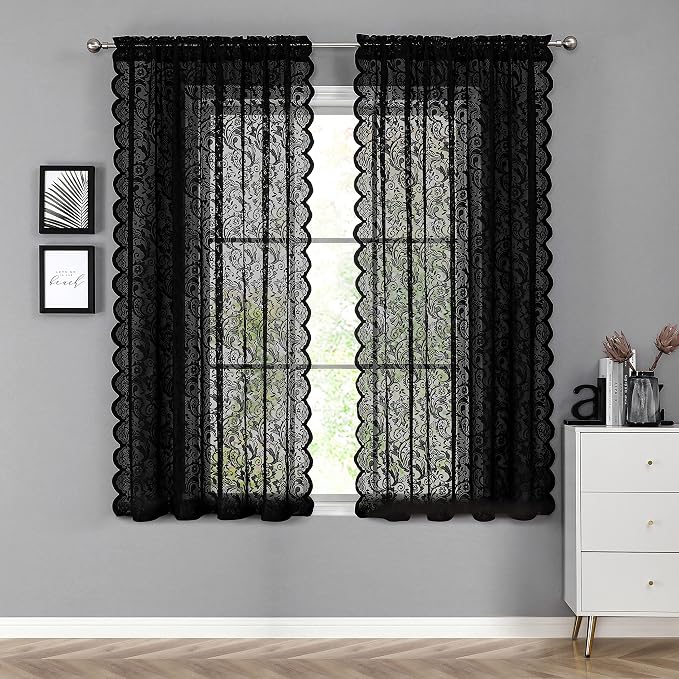 Bujasso Black Sheer Lace Curtains 54 inch Elegant Vintage Floral Short Curtain Panels for Kitchen Living Room Bedroom Light Filtering Black Drapes Window Treatment Sets Rod Pocket 2 Panels 54" Wx54 L