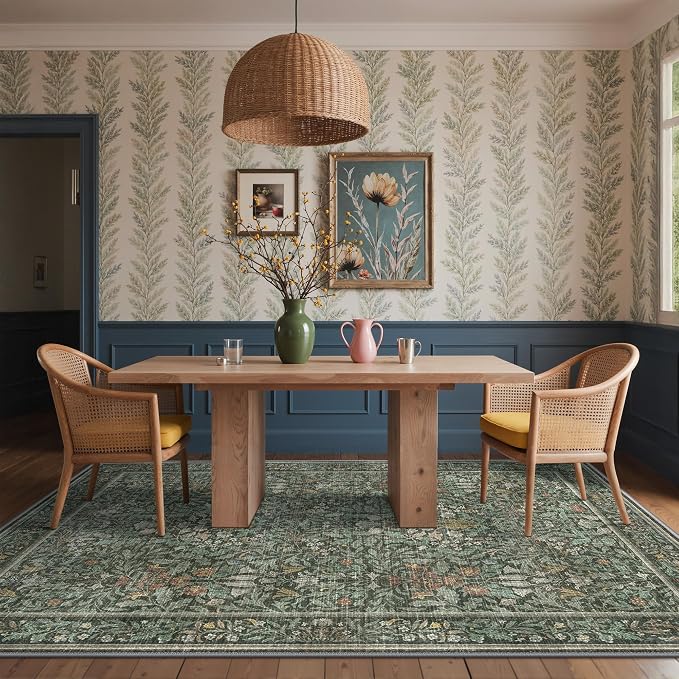 GENIMO 6x9 Washable Living Room Area Rug, Non Slip, Dusty Sage Green | Vintage Boho Floral Low Pile Thin Carpet for Bedroom, Dining Room, Nursery, Indoor Decor