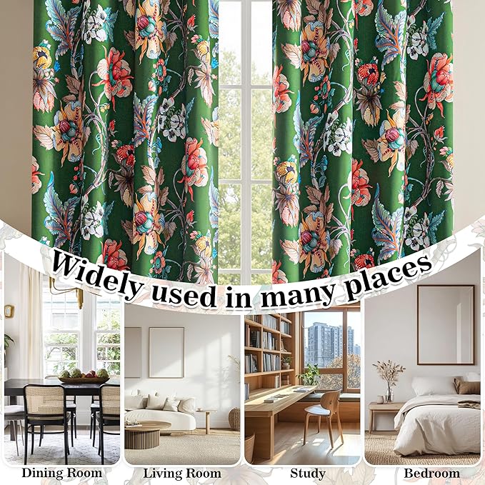 MYSKY HOME Floral 95% Blackout Curtains 54 Inches Long for Small Window Thermal Insulated Light Blocking Drapes Grommet Country Coquette Window Panels, 2 Pcs, 52" Wide, Green