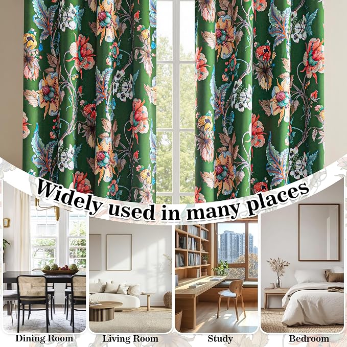 MYSKY HOME Green Floral Blackout Curtains 45 Inch Length 2 Panels Set Bedroom 95% Black Out Thermal Insulated Room Darkening Curtain Printed Flower Vintage Style Grommet Window Panels, Pack-2
