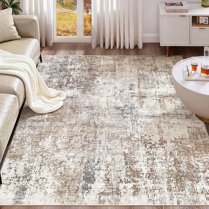 UERMEI 5x8 Area Rug Living Room Rugs - Washable Neutral Modern Abstract Soft Thin Rug Indoor Floor No Slip Rug Carpet for Bedroom Under Dining Table Home Office Decor - Brown/Grey/Red