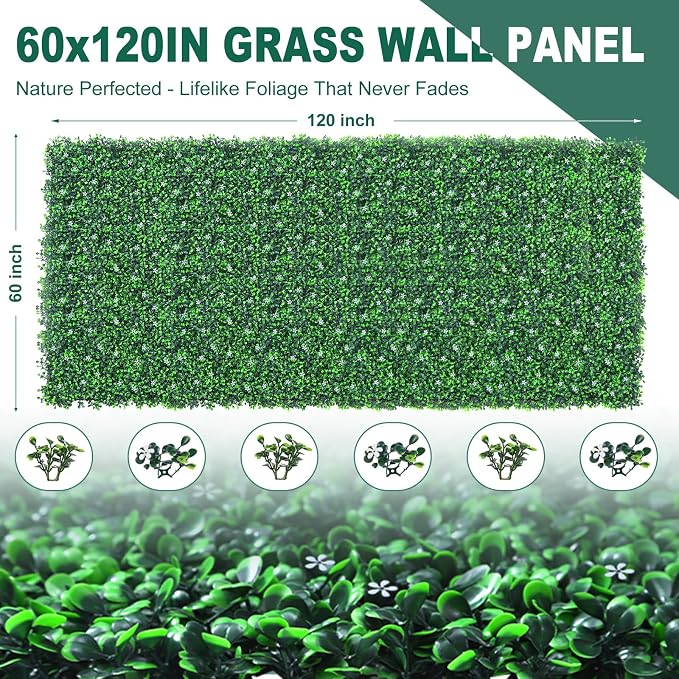 Yangrass Boxwood Roll Panels with Flowers, 60"x120" (50 sqft) Artificial Ivy Privacy Fence Screen, UV-Anti Faux Boxwood Roll Grass Wall Panels for Patio Garden Balcony Decor