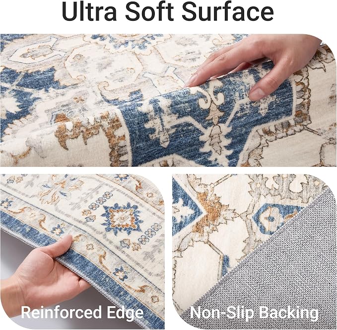 befbee 6x9 Area Rug for Living Rooms, Stain Resistant Neutral Washable Rugs for Dining Rooms, Floral Vintage Non-Slip Thin Large Size Area Rugs(Blue)