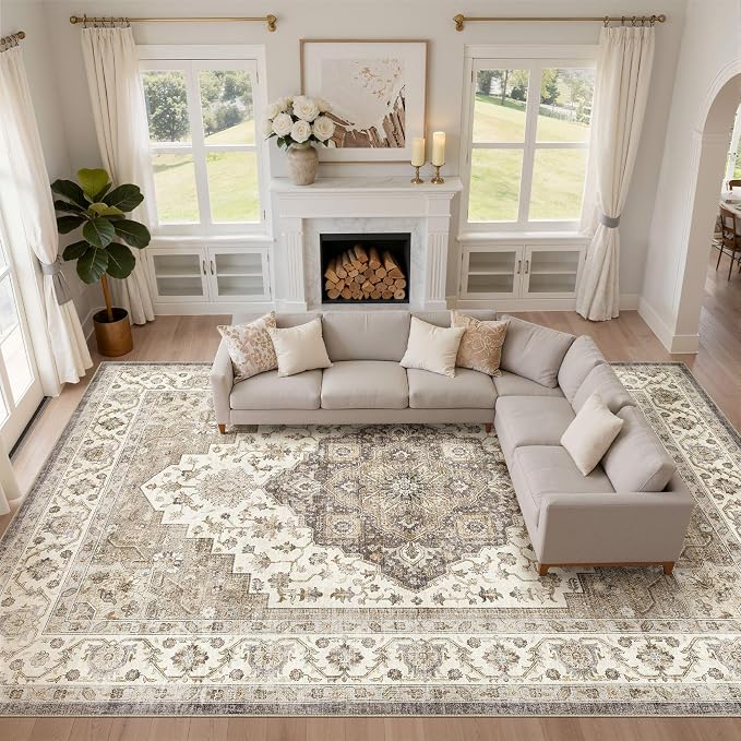 10x14 Area Rugs Living Room: Washable Boho Large Neutral Vintage Soft Rug Stain Resistant Farmhouse Non Slip Indoor Floor Carpet for Bedroom Nursery Kids Playroom Office Dining Room Home Decor- Brown