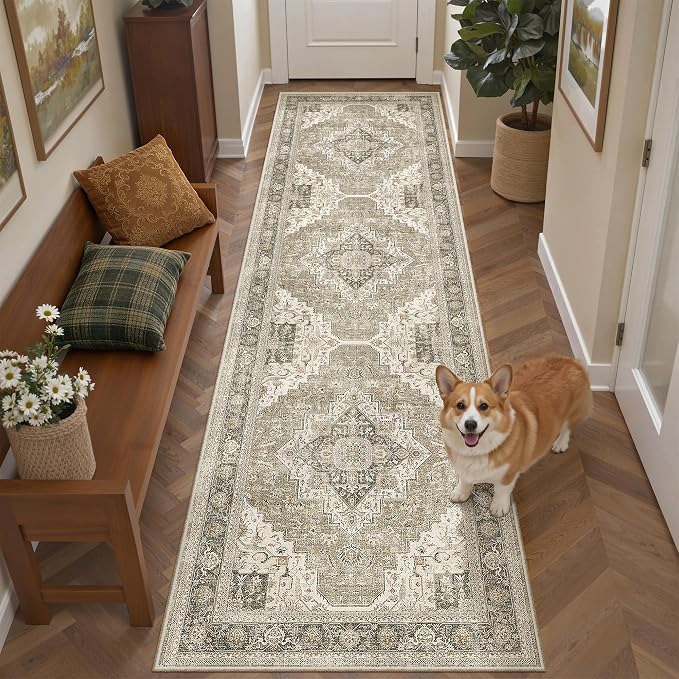 Roxstand Washable 2.6x8 Hallway Runner Rug, Brown/Beige | low-pile carpet, non-slip backing,8ft runner, stain resistant, runner for kitchen, laundry room, entryway,vintage design