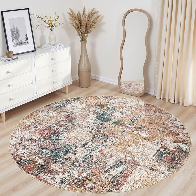 Tortania Washable 8' Round Area Rug for Living Room: Modern Abstract Neutral Large So' Thin Rugs - Non Slip Indoor Carpet for Bedroom Dining Room Office Nursery Home Floor Decoration - Colorful Multi