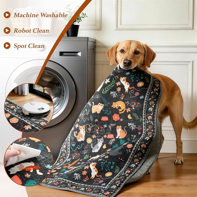 LIANLAM 5x7 Cat Lover's Area Rug, Washable Large Rug with Artistic Feline Design for Living Room & Bedroom, Pet Friendly Non-Slip Soft Carpet, Stain Resistant & Easy Clean(5x7,Black)