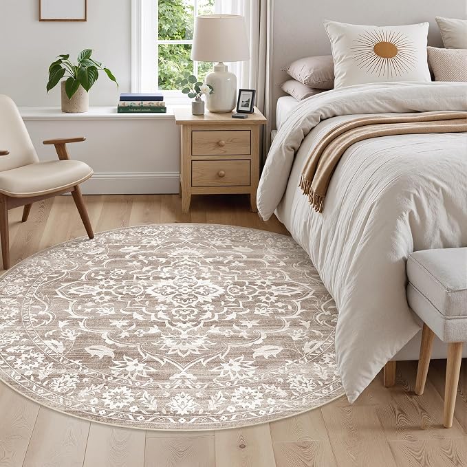 Soalmost Washable Round Rug 6ft for Living Room,Soft Circle Rug Light Brown | Vintage Floral Ultra-Thin Non-Slip 6x6 Round Throw Carpet for Entryway Nursery Bedroom Kitchen Dining Room 6'Round