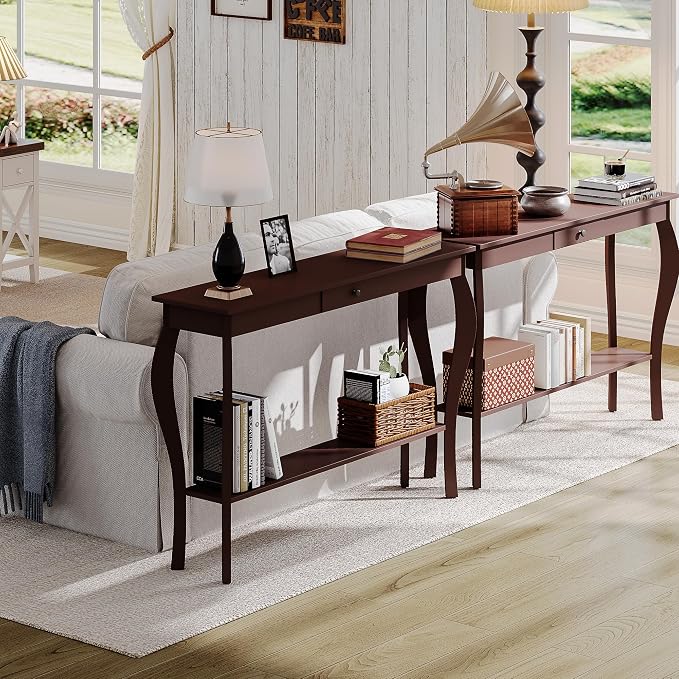 ChooChoo 47 Inch Narrow Console Table with Drawer, Chic Accent Sofa Entryway Table with Shelves for Entryway, Living Room, Hallway, Espresso
