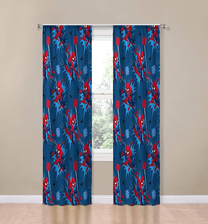 Jay Franco Kids Window Drapes - 4 Piece Curtain Set Includes 2 Tiebacks, Beautiful Bedding Room Décor and Easy Set Up, Blue - Spiderman, 84 Inch