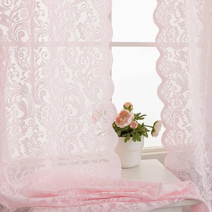 ALIGOGO Pink Lace Curtains 63 Inch Length for Girls Bedroom Nursery | Romantic Coquette, Vintage Floral, Semi-Sheer, Light Filtering, Aesthetic Elegant Decor, 52W x 63L Inch, 2 Panels