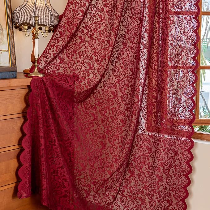 ALIGOGO Maroon Curtains 96 Inches Long, French Country Dark Floral Curtains for Dining Room, Privacy Rod Pocket Light Filtering Soild Color Sheer Wine Red Lace Drapes for Window, 52W x 96 Inch