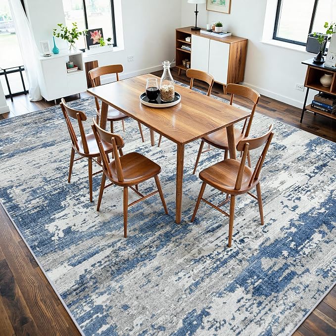 Area Rugs 9x12 Living Room: Large Soft Washable Rug Modern Abstract Anti-Skid Non-Shedding Carpet Indoor Floor Thin Carpets for Bedroom Dining Room Farmhouse Nursery Home Office Grey Blue