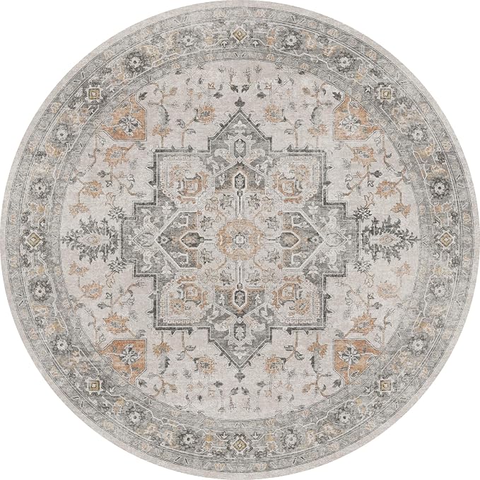 GENIMO 5FT Round Area Rugs for Living Room, Circle Rugs Machine Washable Low Pile, Non Slip Vintage Rug for Bedroom, Dining Room, Home Office, Light Taupe Brown