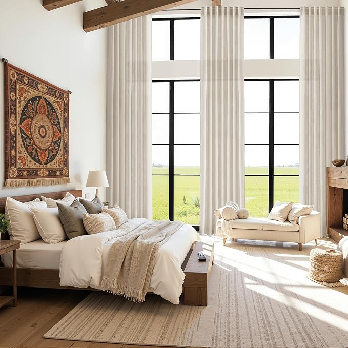 Boho Linen Curtains for Living Room 126 Inches Long Light Filtering Semi Sheer Curtain Back Tab Boho Eclectic Home Decor Farmhouse Drapes Floor to Ceiling High Window for Bedroom 52x126, 2 Panels