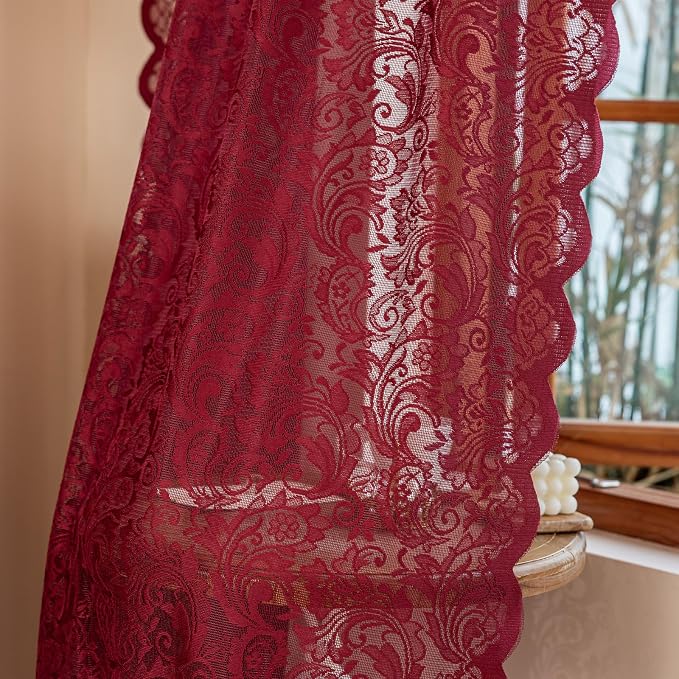 ALIGOGO Burgundy Curtains 84 Inches Long 2 Panels, Cottage Lace Sheer Maroon Curtains for Living Room, Farmhouse Rod Pocket Privacy Floral Scalloped Edges Burgundy Drapes, 52W x 84L Inch
