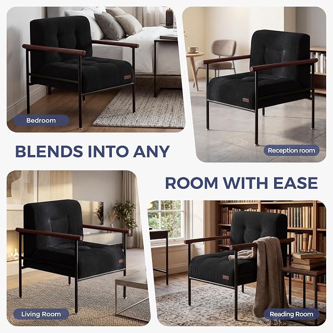 MAXYOYO Living Room Accent Chair, Modern Chair with Metal Frame | Upholstered Reading Chair Modern Living Room Chair with Support Cushion for Bedroom Balcony Porch, Black