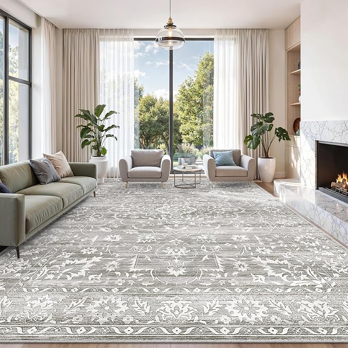 Soalmost Living Room 10x14 Area Rugs, Washable Soft Neutral Rugs Grey | Low Pile Non-Slip Stain Resistant Extra Large Thin Rug, Vintage Throw Carpet for Dining Room Bedroom Farmhouse Home Office