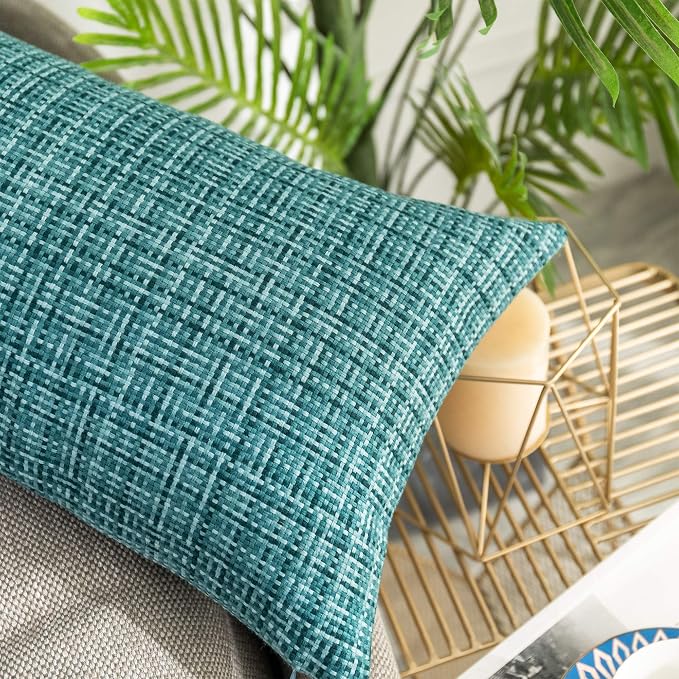 Kevin Textile Outdoor Waterproof Throw Pillow Covers 14x36 Inch Pack of 1 Woven Faux Linen Decorative Water Resistant Long Body Lumbar Cushion Covers for Tent Patio Garden Couch Sofa Teal